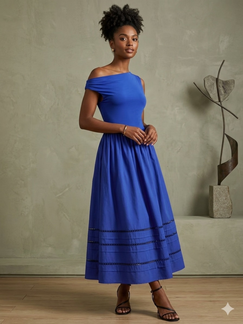 En Saison Cobalt One-Shoulder Gathered Waist Midi Dress Medium NWOT